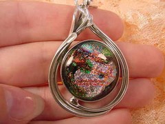 (#D210-A) DICHROIC Fused GLASS SILVER Pendant PINK GREEN ORANGE