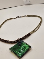 Art Glass Necklace Pendant Handmade Bead Cord 18″ MultiColor Green Artisan