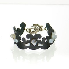 Handcrafted Mosaic Leather Bracelet – Gray & White Stones on Black Leather