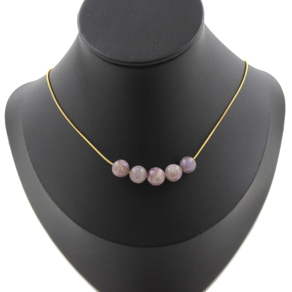 Necklace 5 Beads Mica Purple Of Tanzania 0 5/16in Chain Steel Golden Fem