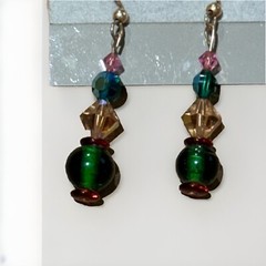 Handcrafted Crystal Earrings Pink Green Yellow Red Gold toned Drop Hook