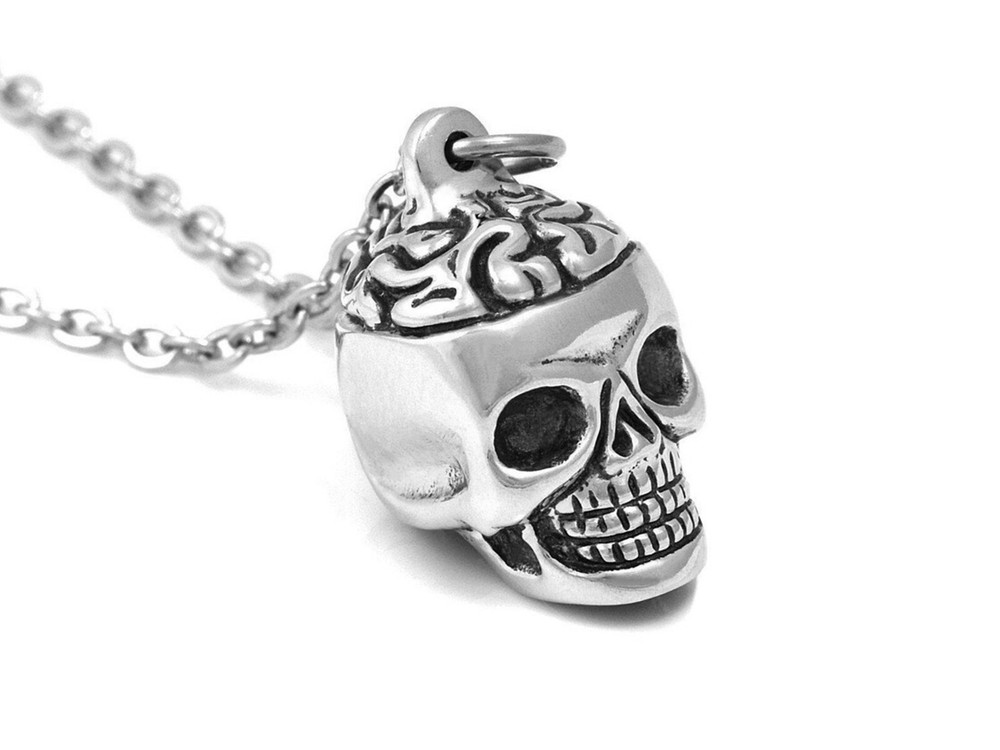 Human Skull and Brain Necklace, Handmade Anatomy Jewelry in Pewter