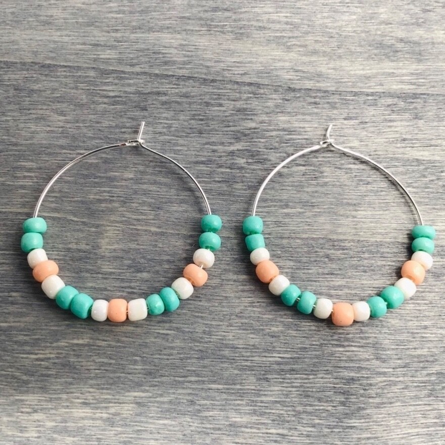 Earrings Hoop Boho Beaded Pastel Pink Teal Blue Pearly White Silver Tone Colors