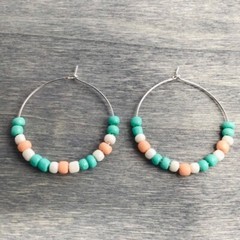 Earrings Hoop Boho Beaded Pastel Pink Teal Blue Pearly White Silver Tone Colors