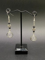 Handmade Moon Stars Hollow Caged Orbs & Black Glass Bead Earrings by Neanie-Bot