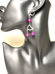 NEW Hot Pink Glass Beaded Stainless Steel Heart Leverback Dangle Drop Earrings