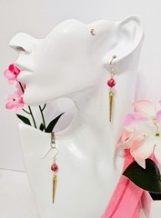 Pink Imperial Jasper Spike Dangle Earrings Gold Tone Handmade Boho Drop