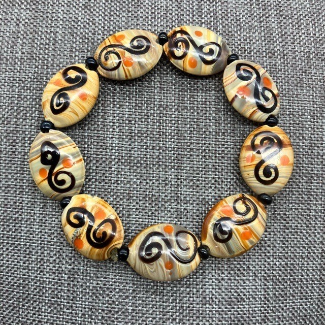 Lampwork Handmade Glass Bracelet Stretch Beige Orange Black S Swirl Beads