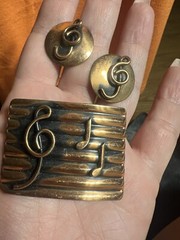 Fun Vintage Estate Copper Art Music Earring Brooch Set Artisan