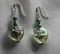 Artisan Dangle Earrings Lamp Work Green Hearts/Rose Gold Filled Ear Wires OOAK