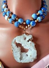 Agate Druzy Chunky Statement Double Strand Blue Gold Necklace Earrings Bracelet