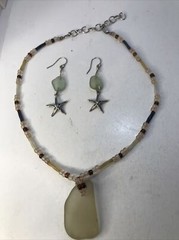 Green & Beige Sea Glass Necklace & Earrings .925 Sterling Silver 15”-17”