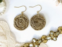 Nautical rustic spiral rope earrings – natural jute twine in flat circle coil