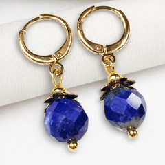14K GP Blue Denim Lapis Lazuli Earrings Huggie Hoops Faceted Dangle Gemstones