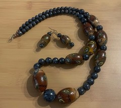 Vtg Artisan Necklace Earring Set Handpainted Wood Beads Sodalite Stone Beads 31”