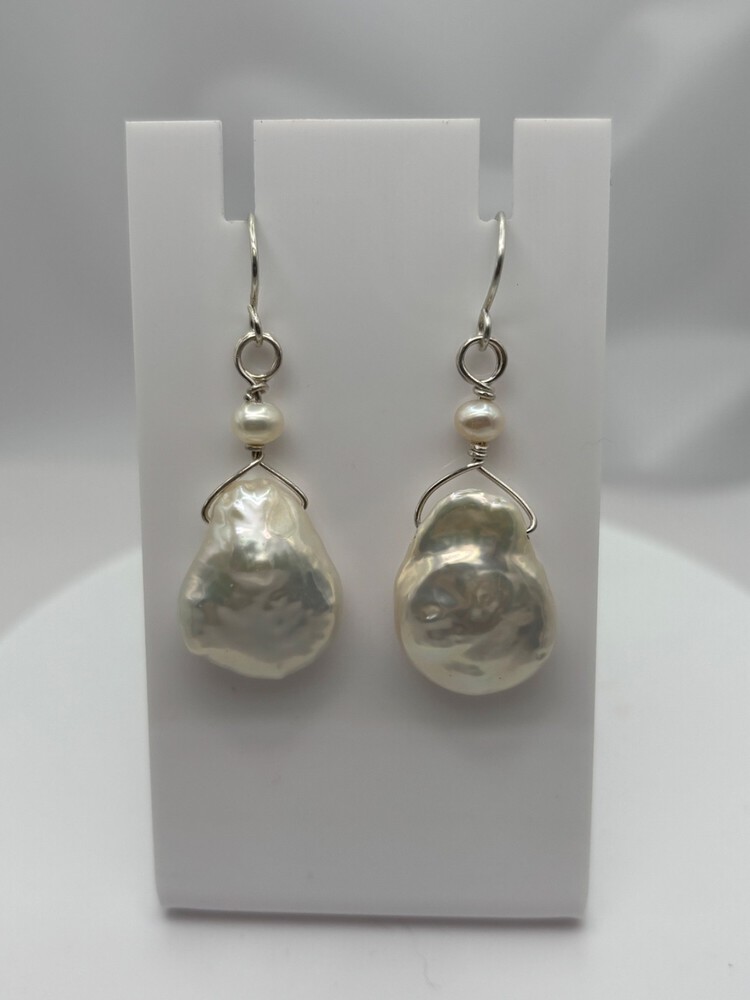 Handmade Artisan White Freshwater Pearl Earrings in Sterling Silver