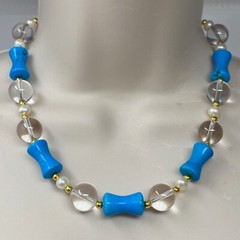 Handmade Beaded Necklace Clear Quartz Crystal, Turquoise Stones and White Pearls