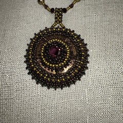 Handmade Bead Embroidery Pendant Glass Stone Beaded Rope Necklace GF Clasp