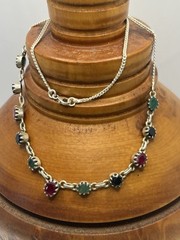 Handmade sterling silver prong set stones red green blue necklace vintage