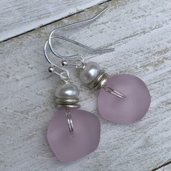 Min Favorit Blossom Pink Sea Glass, Freshwater Pearl & Silver Pl Drop Earrings
