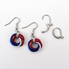 Red, white and blue chainmail love knot earrings, American patriotic jewelry