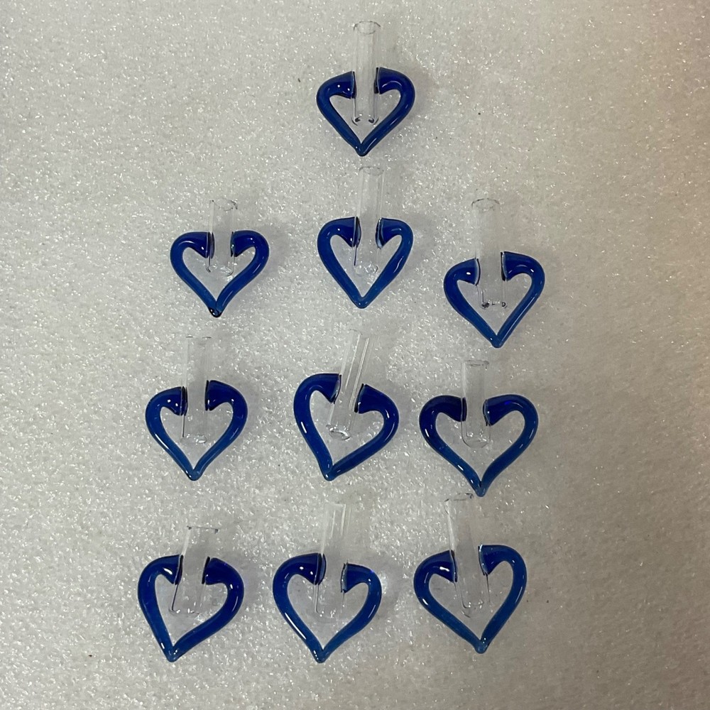 10 Blue Glass Heart Tube Pendants 1.25in Hand Blown Art Jewelry Making Supply