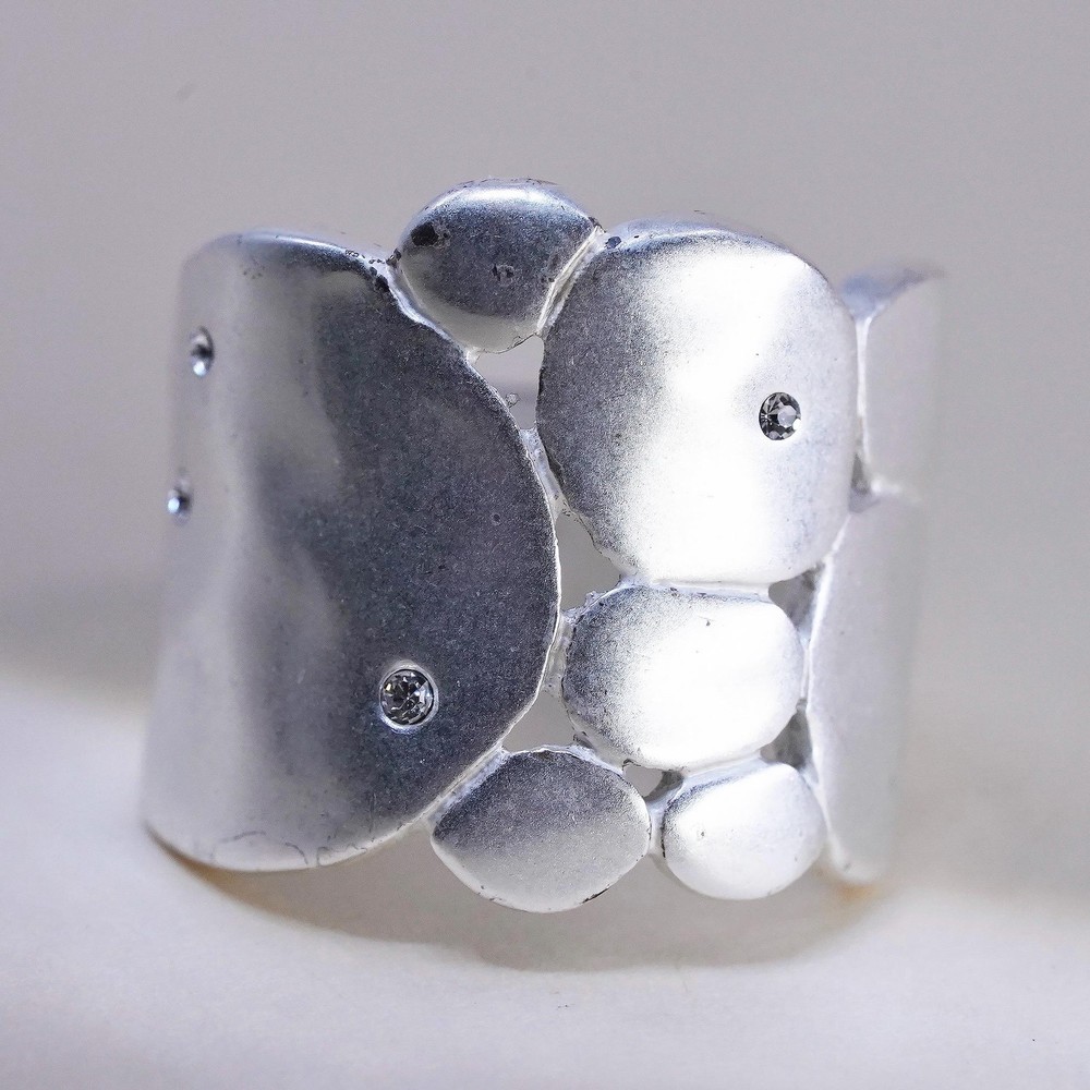 Size 8.25, vintage KC sterling silver cz ring, pebble textured 925 wide band