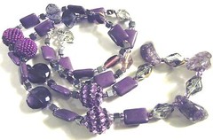 PURPLE SHADES IN STONES,CRYSTALS,,Glass Pearls+Silvertone Beads&Toggle 34″