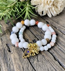 Matte White Beaded Stretch Bracelet with Gold Charm, Gemstone Bracelet