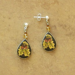 Artisan-Made-Painted & Beaded Flower Earrings-Gold Oak Leaves-Peruvian Jewelry