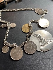 Vintage Rare Coin silver Denmark Georg Jensen Pewter Mermaid Coins Necklace