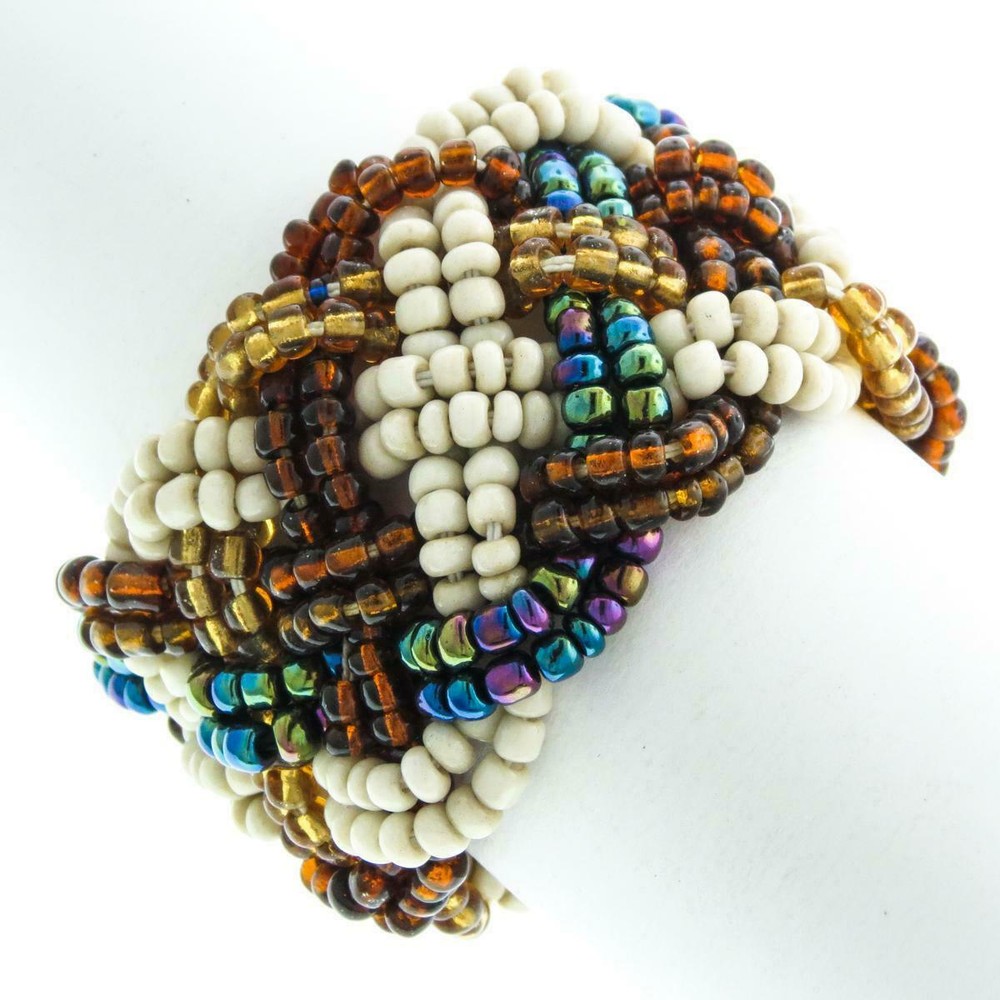 Handmade Bracelet GLASS BEADS BRONZE GOLD BLUE KHAKI BEIGE Braided 6 in Stretch