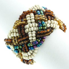 Handmade Bracelet GLASS BEADS BRONZE GOLD BLUE KHAKI BEIGE Braided 6 in Stretch