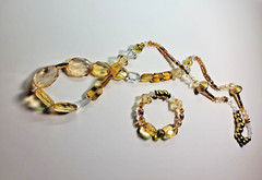 Necklace handmade, beaded jewelry set & bracelet, brown/gold, different material