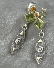 .925 Sterling Silver 22K Gold Faceted Citrine Round Peridot Diamond Earrings