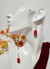 Handmade Fuchsia Mother of Pearl Shell Chips Silver Hoop Boho Dangle Earrings