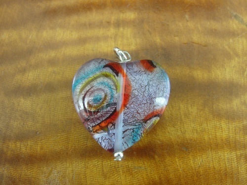 Art Glass Heart with Foil Look Multi Colors Silver Plate Bale Pendant or Charm