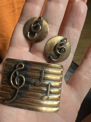 Fun Vintage Estate Copper Art Music Earring Brooch Set Artisan
