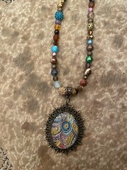 Mod Bronze Spike Paisley Pendant Topaz Crystal Hematite Crackle Bead Necklace