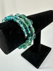 Handmade Memory Wire Wrap Bracelet Teal Aqua Green Lampwork Art Glass Beads