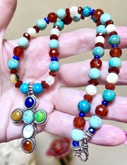 LOVELY Artisan Sterling Silver Turquoise, Lapis, Carnelian, Etc. Cross Necklace
