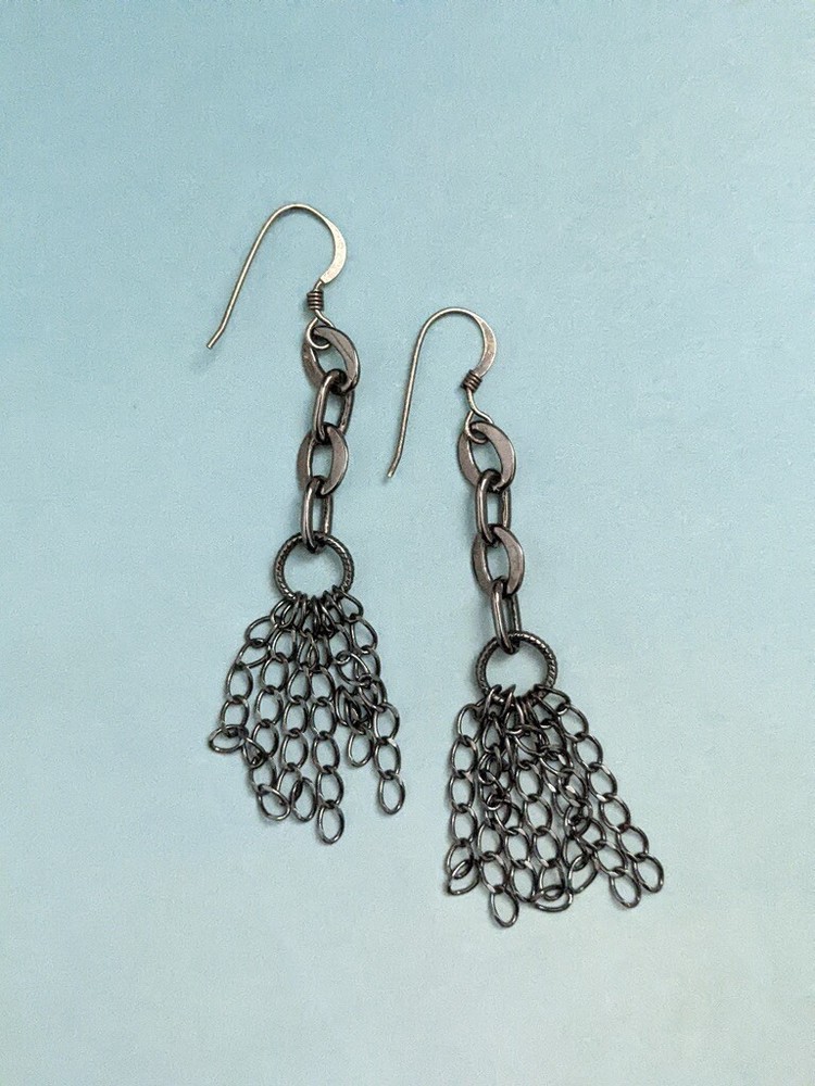 Handcrafted Antiqued Silver Chain Drop Tassel Dangle Earrings 2.5″ L