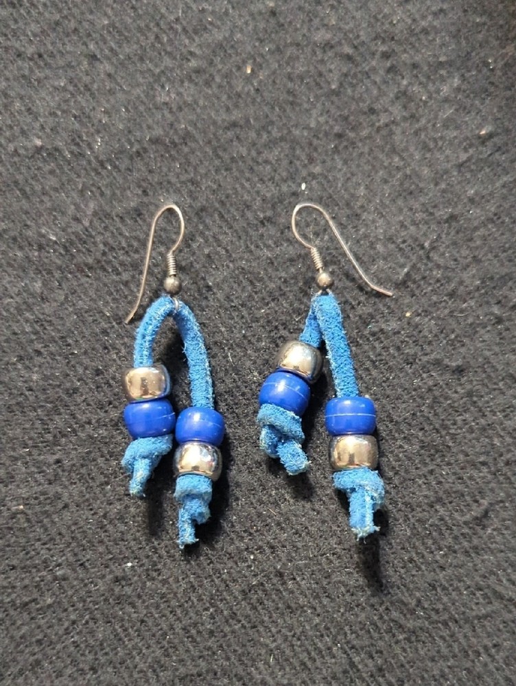 Silver Tone Blue Pony Bead and Suede Tassel Statement Earrings