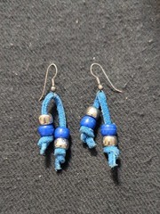 Silver Tone Blue Pony Bead and Suede Tassel Statement Earrings