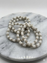 Handcrafted Nepalese Piece Roll-On Seed Bead Bracelet Stack – White & Metallic