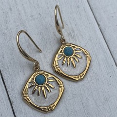 Min Favorit Turquoise & Pearl Enamel Sunburst Charm Gold Artisan Drop Earrings