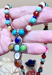 LOVELY Artisan Sterling Silver Turquoise, Lapis, Carnelian, Etc. Cross Necklace