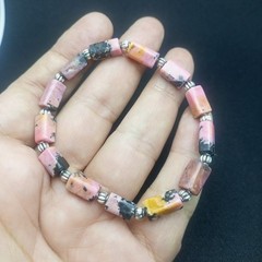 Natural Pink Rhodonite Beaded Bracelet Handmade | Stretch Rubber Cord | Gift