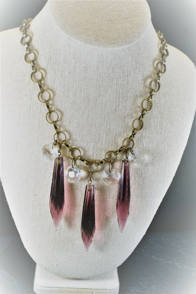 N#9, Handcrafted Necklace, Bronze Toned w/ Purple Glass Prisms, Crystals, 24 in.