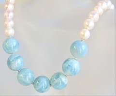 NATURAL BLUE LARGE MILKY AQUAMARINE WHITE PEARL 925 Silver NECKLACE Joy’s Jewels